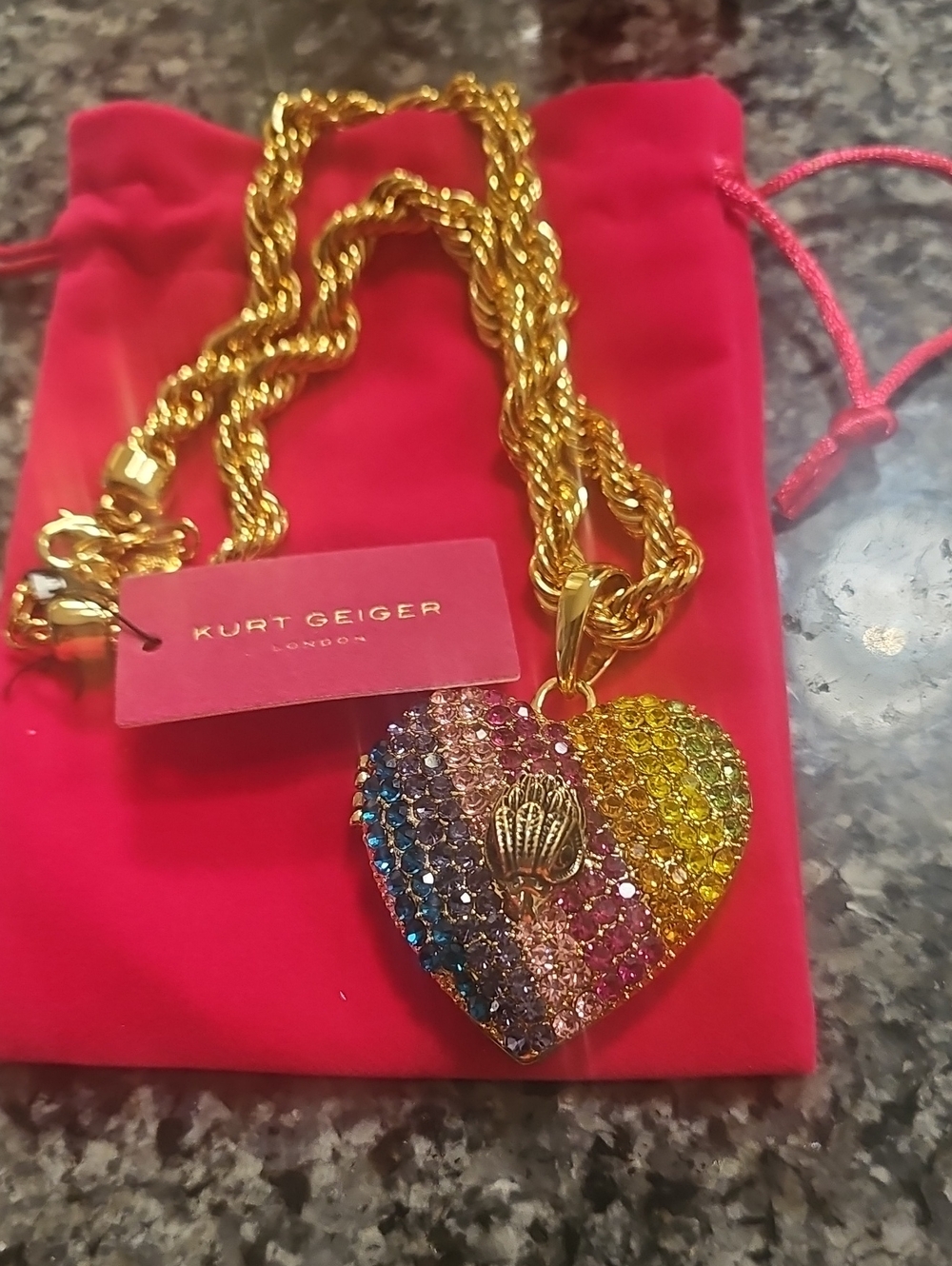 Kurt Geiger Gold Tone Rainbow Crystal Heart Pendant Necklace